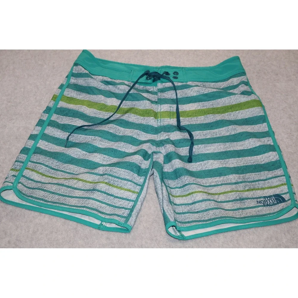 The North Face Board Shorts Mens 32 Green Striped Swim Trunks 7